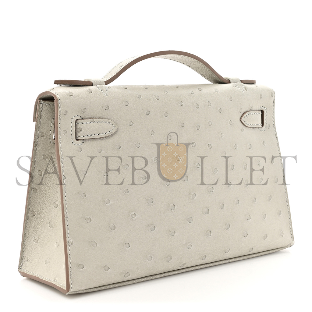 H**mes master ostrich kelly pochette clutch gris perle (22*14*7cm)